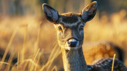 Sticker -  a close up of a deer's face in a field of tall grass with another deer in the background looking at the camera with a blurry look on its face.