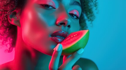 Wall Mural - a woman's face highlighted with vibrant pink makeup, eating a slice of guava