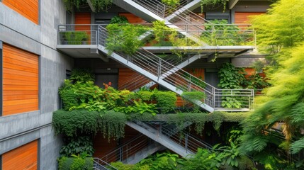 Building adorned with lush green plants and inviting staircases, harmonizing urbanity and greenery. 