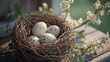 © Anna - a bird's nest filled with eggs sitting on top of a wooden table next to a branch of a blossoming tree with white flowers in front of a blurry background.