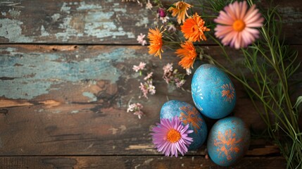 Poster -  a group of painted eggs sitting on top of a wooden table next to a bouquet of flowers on top of a wooden table with a blue and white painted egg.