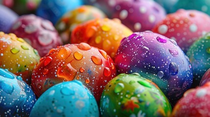 Poster -  a close up of a bunch of colorful balls with drops of water on the top of them and on the bottom of the balls is a blue, red, yellow, green, red, orange, yellow