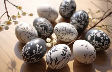 Sticker -  a group of black and white eggs sitting on top of a table next to a branch of a blossoming twig with white flowers in the middle of it.