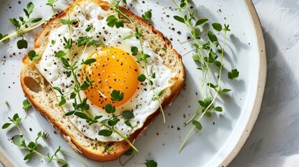 Sticker -  a white plate topped with a piece of bread covered in an egg on top of a piece of bread covered in sprouts and topped with a fried egg.