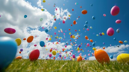 Wall Mural -  a bunch of balloons flying in the air over a field of grass with a blue ballon in the foreground and a blue sky with clouds in the background.