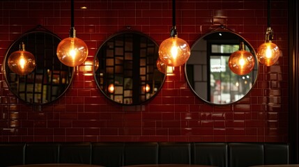 Sticker -  a red tiled wall with three round mirrors hanging from it's sides and three round lights hanging from it's sides, and three round mirrors hanging from the ceiling.