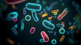 Fototapeta  - Various shapes of bacteria, probiotics under microscope, science, medicine concept background