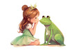 little girl and frog with crown vector illustration