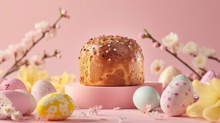  a bundt cake sitting on top of a pink cake plate surrounded by easter eggs and flowers in front of a pink background with white and yellow speckles.