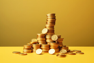 Stack of coins on a vibrant yellow background, representing wealth and finance. Pile of money coins against a bright yellow backdrop, perfect for investment concepts. Finance and investment