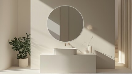 Wall Mural -  a white bathroom with a round mirror above the sink and a potted plant in the corner of the room on the right side of the mirror is a white wall.