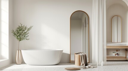 Wall Mural -  a bath room with a bath tub a mirror and a vase with a plant on the side of the bathtub and a sink with a mirror on the wall.