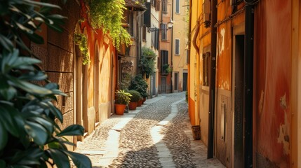 Canvas Print -  a narrow cobblestone street with potted plants on either side of the street and a yellow building on the other side of the street with a green planter.