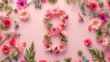 Fototapeta Tulipany - banner for the eighth of March number 8 made of flowers on a pink background with free space and place for text