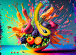 Abstract colorful exploding photon colorful fruits and vegetables acrylic paint on digital art concept.