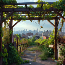 Rooftop Vineyard In Urban Setting Agrapevine Trellis Withcity Skyline Green Retreat Real Picture Dep Generative AI