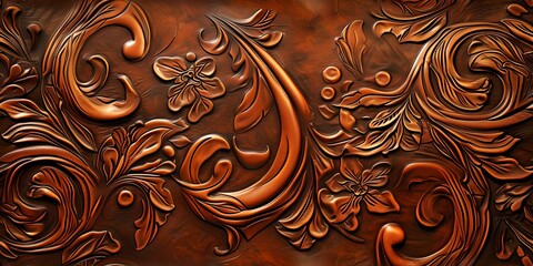 Poster - Intricate floral embossed patterns on a copper surface. traditional art style with a modern twist. ideal for background use. AI