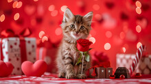 A Declaration Of Love Or A Card For Valentine's Day, A Cat On A Red Background Holds A Rose In Its Paws With Space For Text