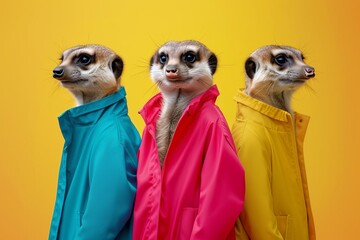 Creative fashion concept Meerkats dressed in vibrant outfits Isolated on a solid background for a striking advertisement