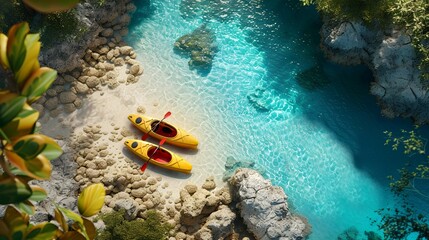 Two Yellow Kayaks and Paddles on Tranquil Tropical Waters, Aerial View