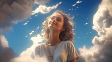 Young Woman On The Clouds. The Man Died And Went To Heaven And Smiles. The Girl Looks At The Sky. Life After Death