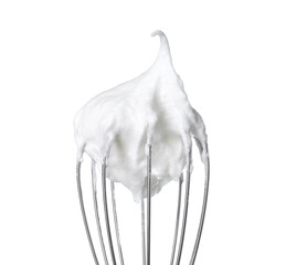 Whisk with whipped egg whites isolated on white