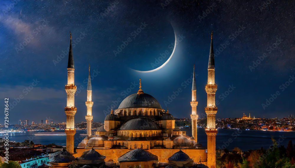Crescent moon on beautiful night background in front of Blue mosque in ...