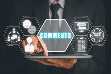 Wall Mural - comment concept, businessman using tablet computer with comment icon on virtual screen.