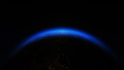 Wall Mural - A captivating satellite view captures the sunrise over Europe, as radiant hues illuminate Earth’s surface and atmosphere, revealing a stunning contrast against the cosmic starscape.