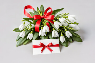 Wall Mural - Bouquet of snowdrops tied with a red ribbon and a note attached to the bouquet. Symbol of Spring .March 1 Tradition. Martisor and Baba Marta. white background, Copy space