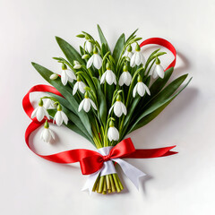 Wall Mural - Bouquet of snowdrops tied with a red ribbon . Symbol of Spring .March 1 Tradition. Martisor and Baba Marta. white background, Copy space