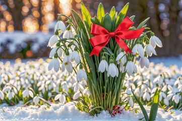 Wall Mural - Bouquet of snowdrops is tied with a red ribbon and stands in the snow. Symbol of Spring .March 1 Tradition. Martisor and Baba Marta.