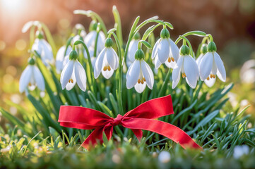 Wall Mural - Bouquet of snowdrops tied with a red ribbon on the green grass. Symbol of Spring .March 1 Tradition. Martisor and Baba Marta.