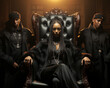 A crime queen exudes authority on a throne, flanked by loyal guards, all in luxurious black attire, radiating power and elegance.