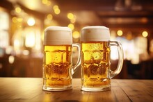 two chilled beer mugs on a bar with a blurred lively pub background and cheerful customers. Generative AI