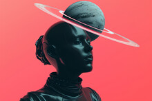 A Woman In A Black Suit With A Planet On Her Head