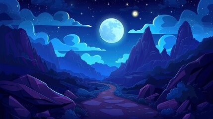 night mountain landscape with path leading to rocky hills under starry sky with clouds and full moon