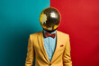 a man in a suit and bow tie with a disco ball over his head