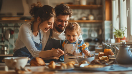 Father teaches child the joy of cooking, a warm kitchen filled with laughter and family bonding, encapsulating the happiness of fatherhood, ideal for Father's Day