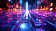 Futuristic Neon Cityscape Pathway. A visually captivating digital art piece depicting a pathway through a neon-illuminated cityscape, ideal for project backgrounds in sci-fi, virtual reality