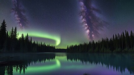 Wall Mural - night landscape with arura borealis a night scene with a milky way and northern lights over a forest