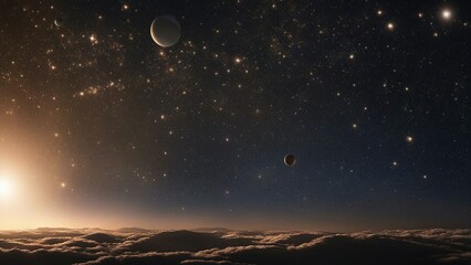 Wall Mural - night sky and stars  A space sky with stars, lights, and a wide panel of outer space, showing many different stars,  