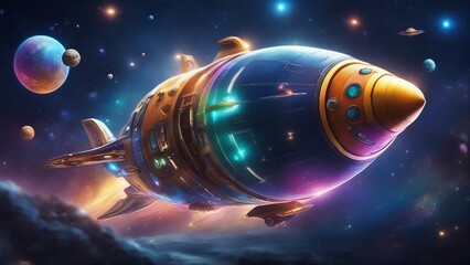 Wall Mural - space station in space  A colorful and whimsical spaceship zooms through a galaxy, surrounded by planets, moons,  