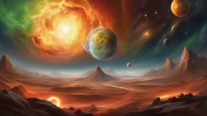 Wall Mural - planet in space  A spherical panorama of a space scene with a brown and gray exoplanet, a green and yellow nebula,  