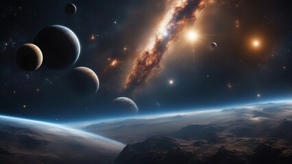 Wall Mural - planet and space A space scene with a wide panel of outer space, showing many different stars, planets, and cloud  