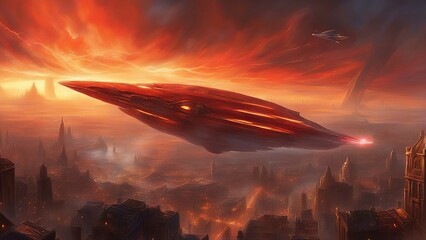 Wall Mural - ufo in the sky  A massive and menacing spaceship hovers above a city, emitting a beam of red light that vaporizes  
