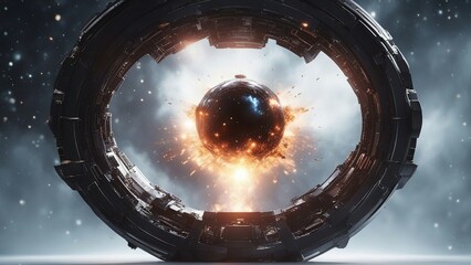 Wall Mural - the planet in the space near black hole, with exploding star, digital render of an alien space ship 