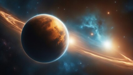Wall Mural - planet in space An outer space view of an alien planet and a blue nebula.  