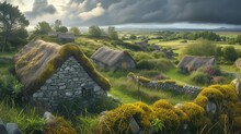 Panoramic View Of An Ancient Celtic Village, Traditional Stone Houses, Lush Green Landscape