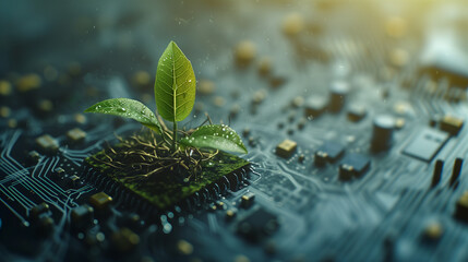 A young plant sprouts from a circuit board, symbolizing the fusion of nature and technology and the concept of green technology.